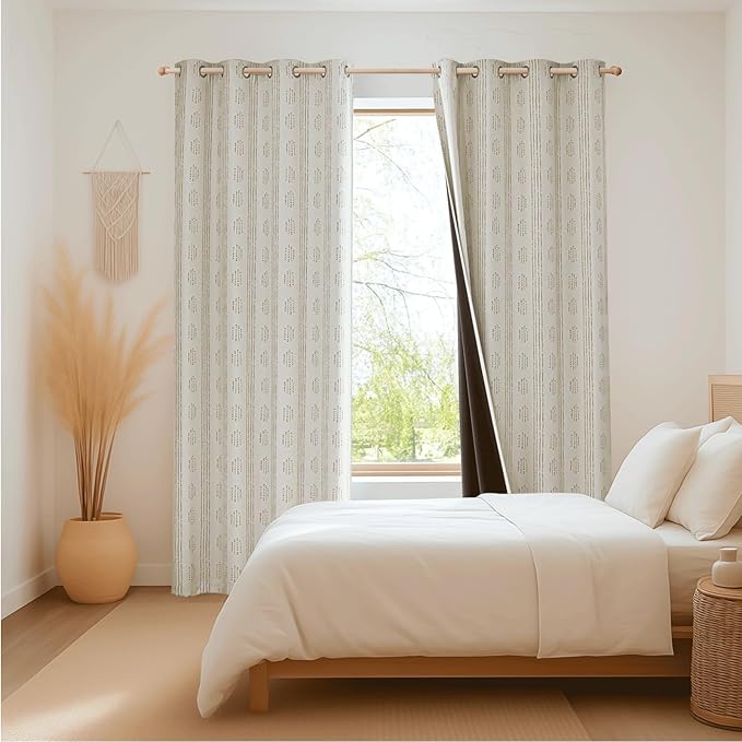 100% Boho Blackout Curtains 84 Inches Long for Bedroom, Taupe on Beige Patterned Bohemian Curtains for Living Room, Geometric Striped Thermal Insulated Window Drapes Gromment Top 2 Panels