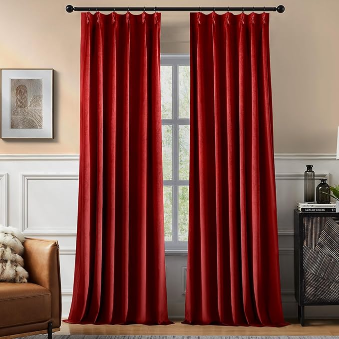Pinch Pleated 100% Blackout Curtains for Bedroom, Red Velvet Curtains for Living Room, Black Out Curtain 102 inch Long Room Darkening, Blackout Pinch Pleat Drapes with Hooks 2 Panels