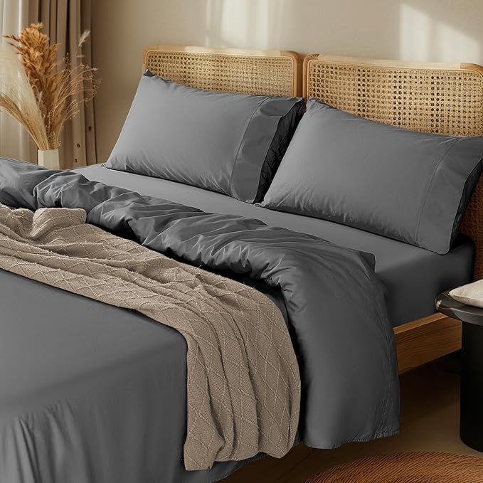 LBRO2M 100% Cotton Sheets Set Deep Pocket 24", 1000 Thread Count Queen Size 4 Piece Bed Sheet Sets Soft Comfortable Bedding All Season (Queen, Dark Gray)