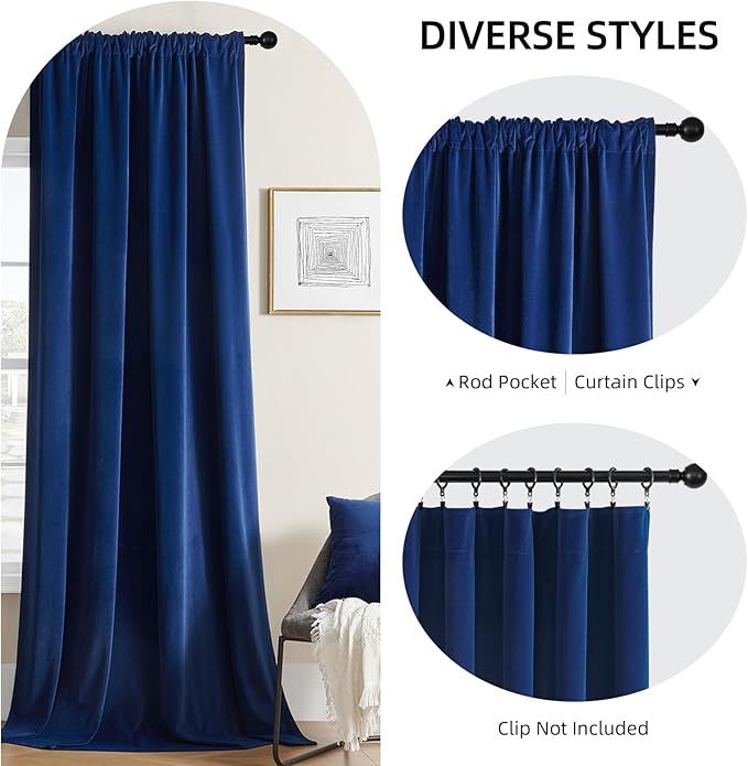 Joydeco Blue Velvet Curtains 120 inch Length 2 Panels Burg Set, Luxury Rod Pocket Thermal Insulated Window Blackout Curtain, Room Darkening Drapes for Living Dining Room Bedroom Privacy