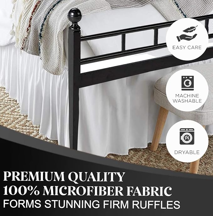 Ruffled Bed Skirt with Split Corners, White, Queen 12 Inch Drop Bedskirt, Hotel Quality Brushed Microfiber Wrinkle Free Dust Ruffle Bed Skirt Queen Size