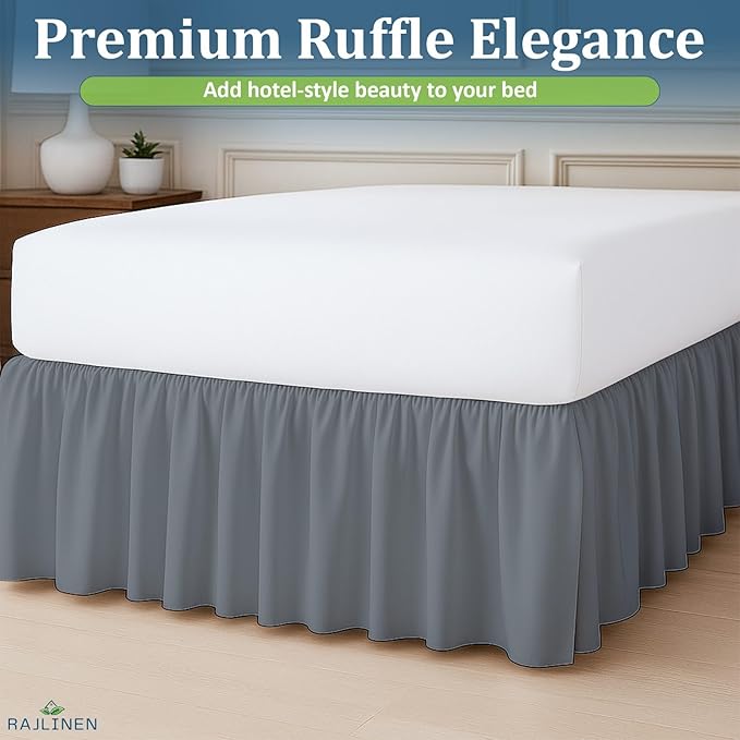 Rajlinen Ruffled Bed Skirt Full XL, 21 Inch Drop Dust Ruffle with Split Corners, 100% Microfiber Bedskirt with Platform, Three-Sided Coverage Ruffled Gathering Design, Dark Grey