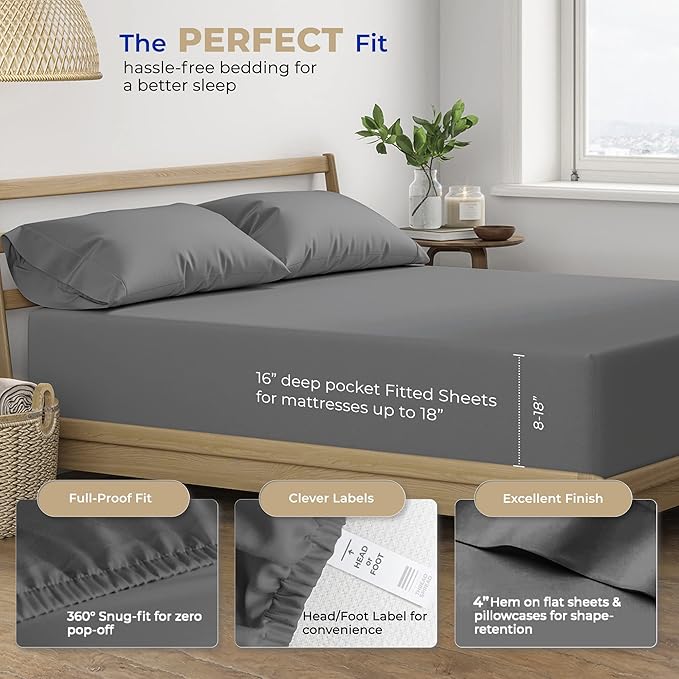 THREAD SPREAD 100% Cotton Sheets Twin Size - 400 Thread Count Cotton Bed Sheets Twin, 3 PC Set (Dark Grey), Luxury Soft, Breathable, Cooling, Sateen Weave 16" Deep Pocket Bedsheet for Dorm Rooms