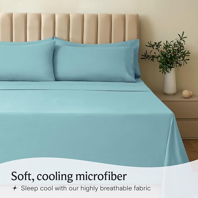LuxClub 4 PC Full Sheet Set, Deep Pockets Wrinkle Free Cooling Bed Sheets Hotel Bedding for Women, Men, Kids & Teens, Includes 1 Fitted Sheet, 1 Flat Sheet and 2 Pillowcases-Aqua