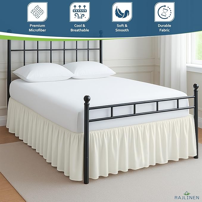 Rajlinen Ruffled Bed Skirt Full, 8 Inch Drop Dust Ruffle with Split Corners, 100% Microfiber Bedskirt with Platform, Three-Sided Coverage Ruffled Gathering Design, Ivory