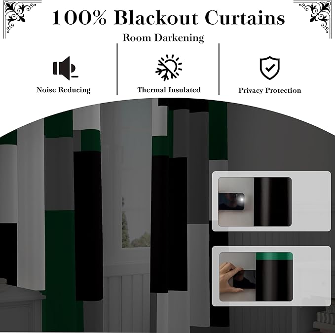Green 100% Blackout Curtains for Bedroom 84 inch Length 2 Panels Set White Grey Modern Abstract Geometric Black Out Curtains Insulated Room Darkening Window Drapes for Living Room, 42Wx84L