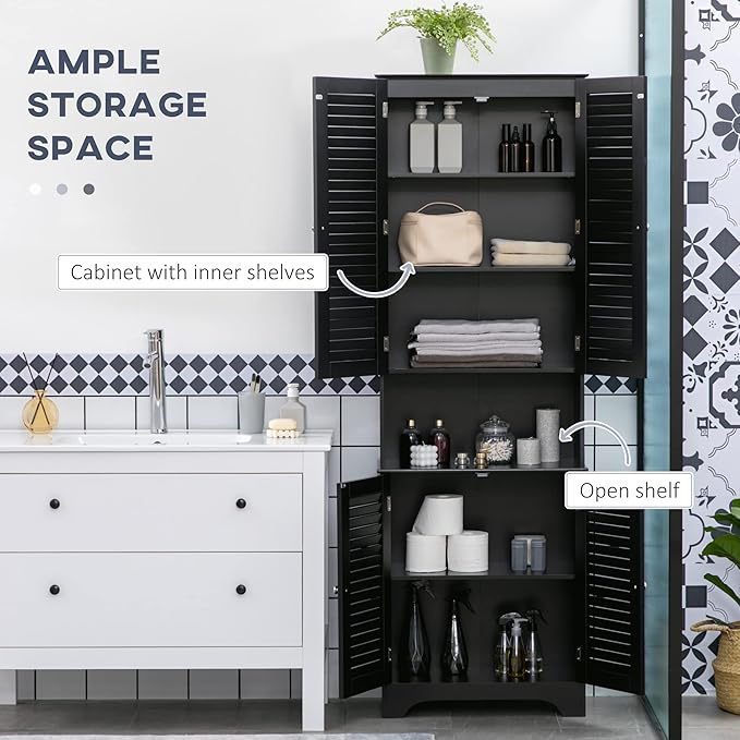 HOMCOM Tall Narrow Bathroom Storage Cabinet with Doors and Shelf Adjustability, Freestanding Linen Cabinet with 2 Cabinets and Countertop, Black