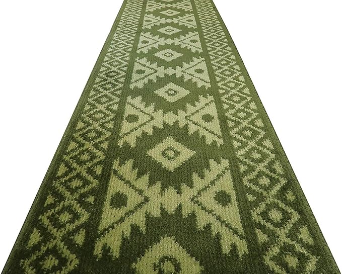 Custom Length Hallway Runner Rug,Slip Resistant,Southwestern Green, 26 Inch X 11 feet, Sold and Priced Per Foot