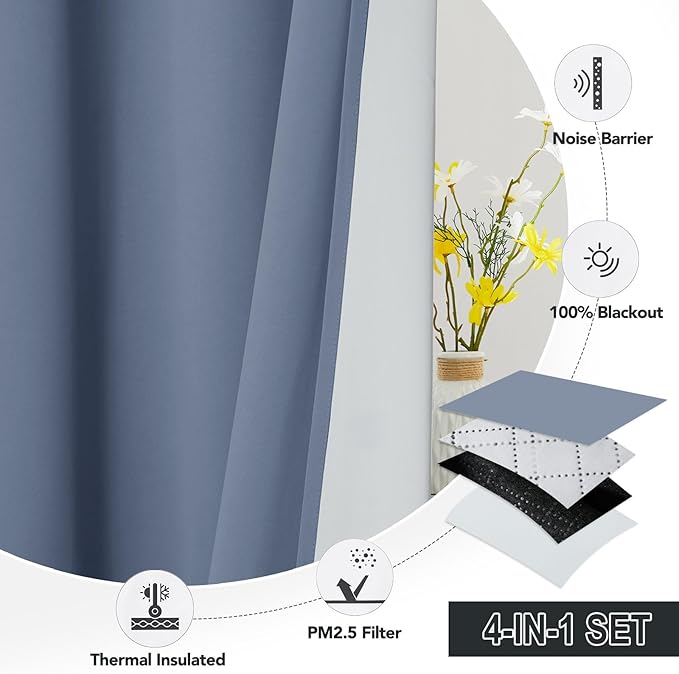 RYB HOME 4-in-1 Dust Filtering Soundproof Blackout Insulating Privacy Window Curtains for Nursery Bedroom Living Room Rivider Sound Absorption Sheet, Stone Blue, W52 x L84 inch, 2 Panels