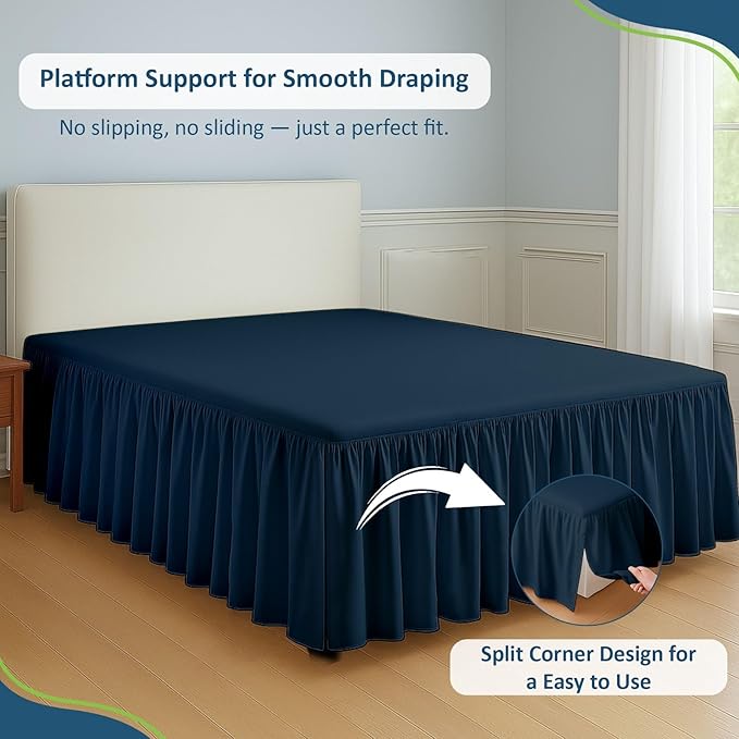 Rajlinen Ruffled Bed Skirt Twin XL, 8 Inch Drop Dust Ruffle with Split Corners, 100% Microfiber Bedskirt with Platform, Three-Sided Coverage Ruffled Gathering Design, Navy Blue