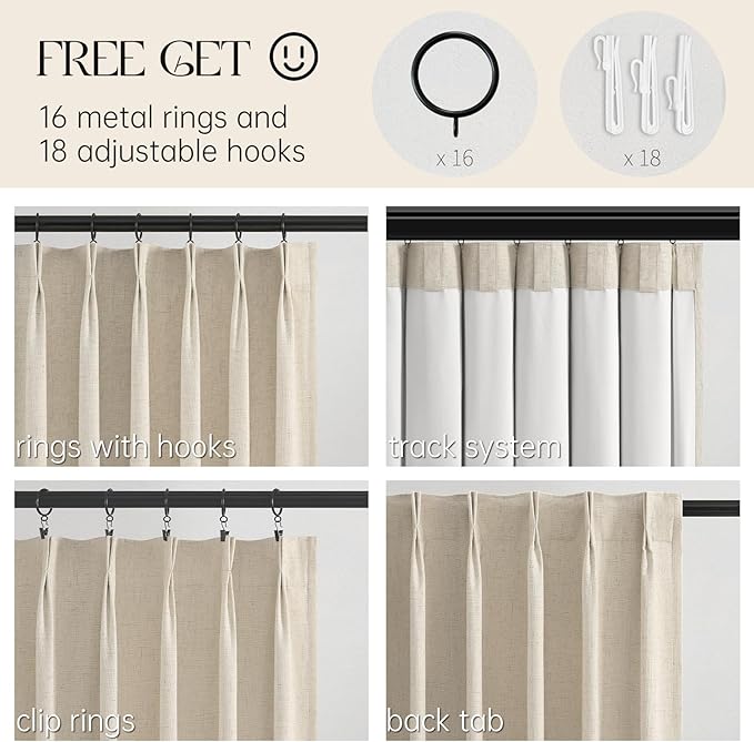 Topfinel 94 Inches Long Cream Colored Custom Blackout Linen Curtains, Beige Pinch Pleated Noise Cancelling Curtains with Pin Hooks for Traverse, Burlap Viral Drapes 2 Panels for Living Room Bedroom