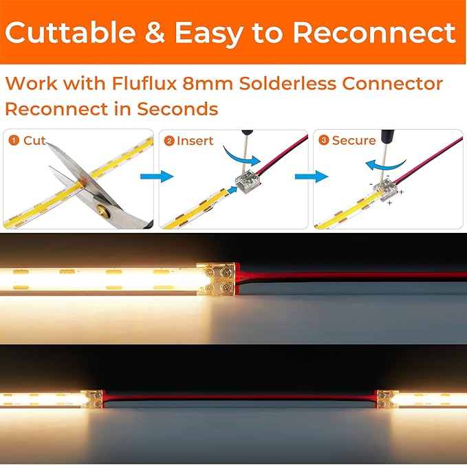 COB LED Strip Lights Warm White 3000K, 24V DC Premium Tape Light with Strong 3M VHB Tape, CRI 95, UL Listed, Cuttable, Dimmable, 3W/FT for Bedroom, Kitchen, Cabinet (NO Power Supply)