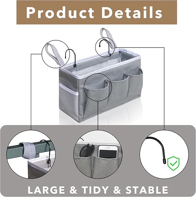 Kanrichu 2Pcs Beside Caddy Storage Organizer, Hanging Bag Holder with Pockets for Bedroom, Loft Bed Tent, Bed Curtain, Top Bunk bed Shelf Accessories Bedside Caddy 3-pocket (White-2pcs)
