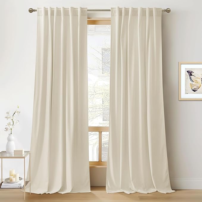 RYB Home Beige Velvet Curtains 108 inches Long - Thermal Insulated Noise Reducing Panel Soft Vertical Sense Window Decor for Sliding Glass Door, Width 52 x Length 108 inch, Beige, 2 Panels