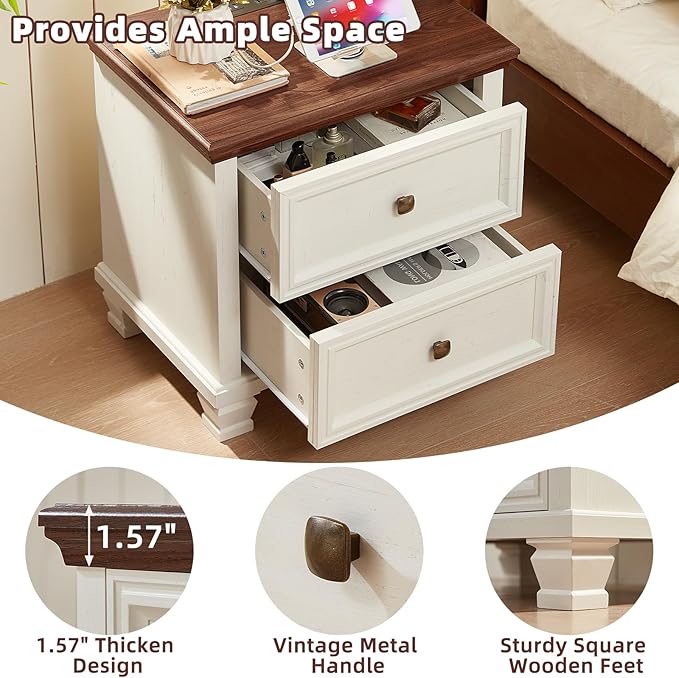 Farmhouse Nightstand with Charging Station, Rustic Low Night Stand with 2 Drawers, Mid-Century Modern End Table with 4 Square Solid Wood Legs, Small Dresser for Bedroom, Home, White