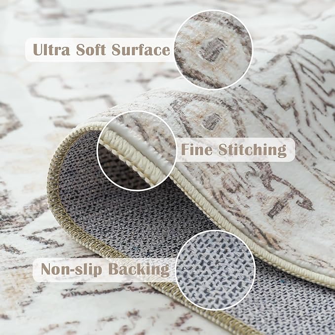 jinchan Lima 6x9 Area Rug for Living Room Washable Soft Throw Rug Ultra-Thin Stain Resistant Non-Slip Distressed Vintage Floral Large Carpet for Bedroom, Dining Room Home Office Nursery (6x9ft, Taupe)