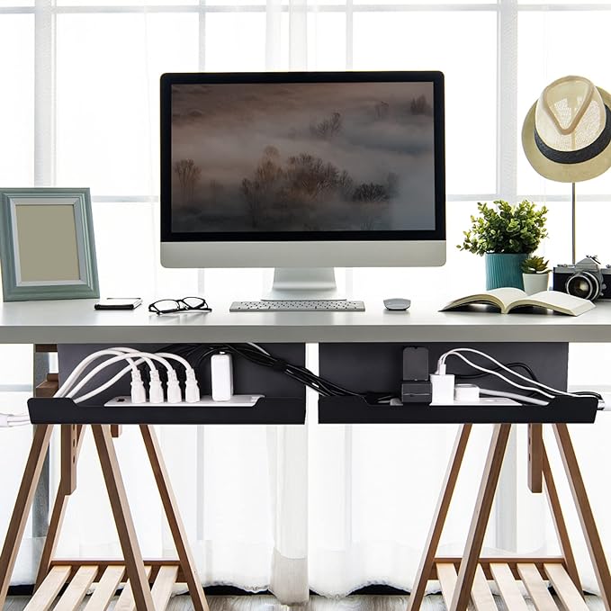 VIDOR Under Desk Cable Management Tray 2-Pack, 17" Cord Organizer, No Drill Alloy Steel, Perfect for Standing Desk and Office Home Wire Management