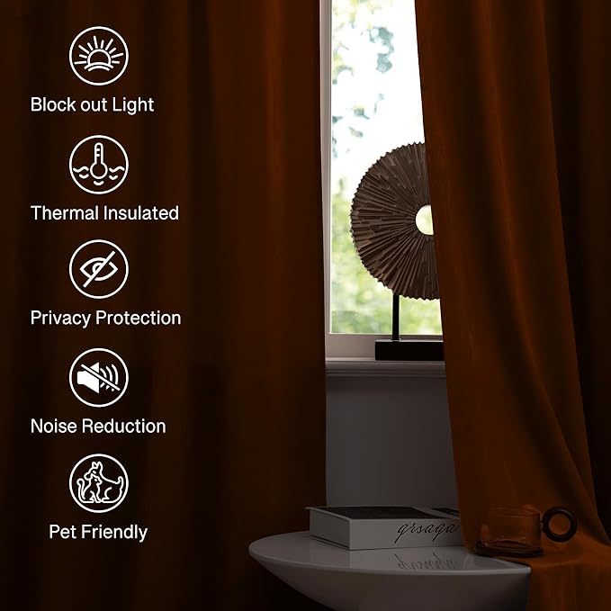 StangH Burnt Orange Thermal Insulated Curtains 90 inches Long Luxury Soft Velvet Room Darkening Window Drapes Holiday Halloween Decoration for Living Room, W62 x L90, 2 Panels