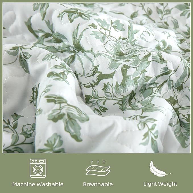 WONGS BEDDING Quilt Full Size, Sage Green Quilt Bedding Set with 2 Pillowcases, Botanical Quilt for Full Bed, Soft Microfiber Lightweight Coverlet Bedspread for All Season (78"×90", 3 Pieces)