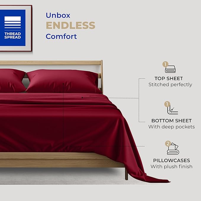 Thread Spread 100% Cotton Bed Sheets Queen Set - 400 Thread Count Cotton Queen Sheets Only, 4 PC Set (Burgundy), Ultra Soft, Breathable, Cooling, Sateen Weave 16" Deep Pocket Bedsheet for Hot Sleepers