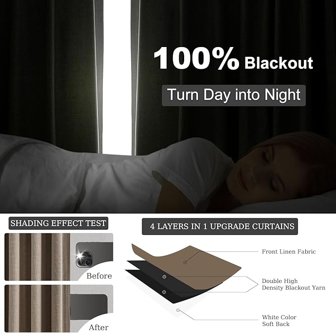 Topfinel Linen Blackout Curtains 96 Inch Long, Pinch Pleat Rustic Neutral Thermal Insulated Brown Natural Linen Cabin Back Tab Viral Drapery Drapes with Hooks Rings 2 Panel Sets, Brown Tan 8 FT