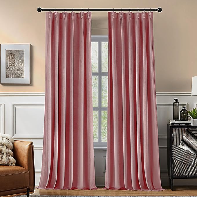 Pinch Pleated 100% Blackout Curtains for Bedroom, Pink Velvet Curtains for Living Room, Black Out Curtain 96 inch Long Room Darkening, Blackout Pinch Pleat Drapes with Hooks 2 Panels