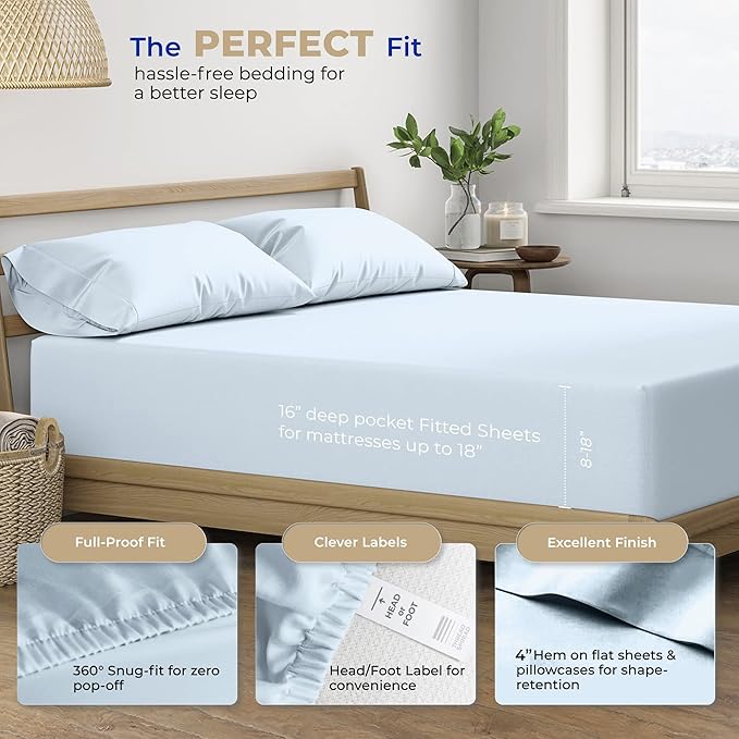 THREAD SPREAD 2-Pack Twin XL Sheet Sets Cotton - 400 Thread Count 100% Cotton Sateen Weave - Soft, Breathable, Hotel Quality Cooling Sheets, 2 Sets of Twin XL Size Deep Pocket Bed Sheets (Light Blue)