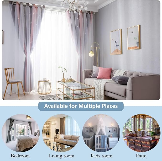 Star Curtains - Blackout & Rainbow Kids Bedroom Curtains, 72 Inch Long, 2 Panels, Pink & Grey