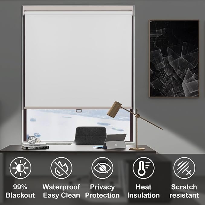 HESTIA No Drill Cordless Blackout Roller Shades Screwless Waterproof Shower Window Blinds, Auto-Retraction Easy Install Blind for Bathroom/Kitchen/Office/Exterior, White, 35.5" W x 72" H