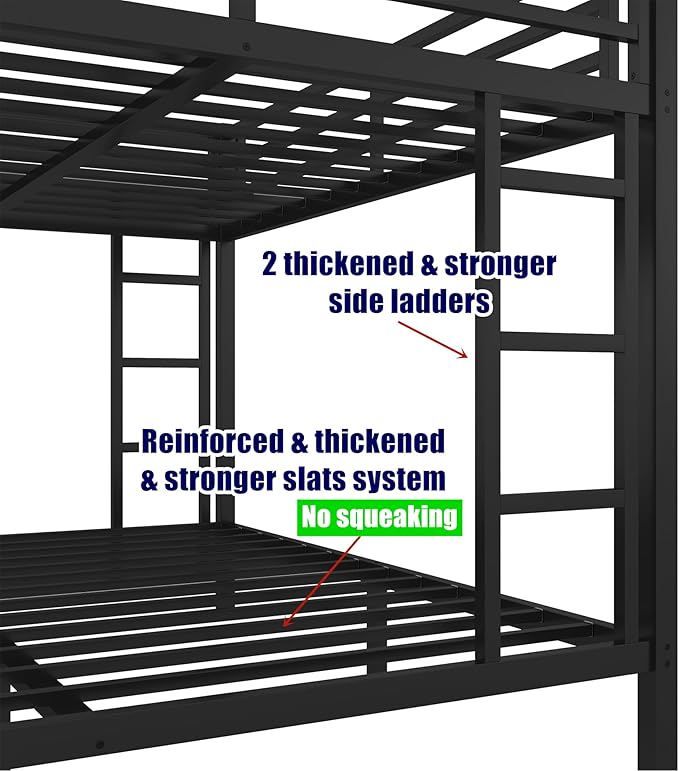 Upgraded & Stronger Heavy Duty Metal Queen Over Queen Bunk Bed for Adults & Teens, Thickened More Stable Safer Bunkbeds (Greater Weight Capacity) (Queen Over Queen Bunk Bed with Trundle)