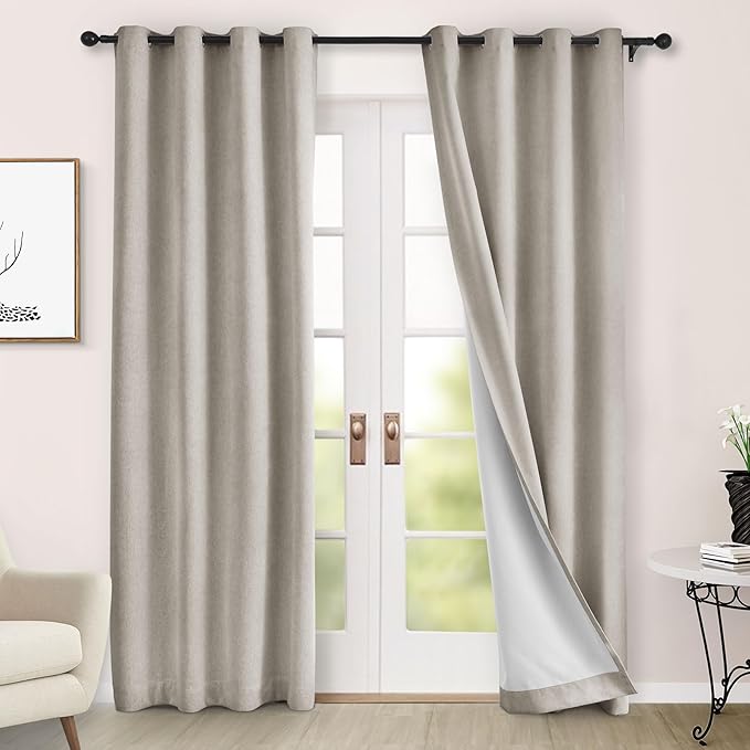 Macochico 100% Blackout Chenille Curtains for Living Room Classic Chenille Window Curtain Panels Thermal Drapes for Bedroom Hotel Grommet Curtains with Tieback Beige Taupe 84" Wx96 L 1 Panel