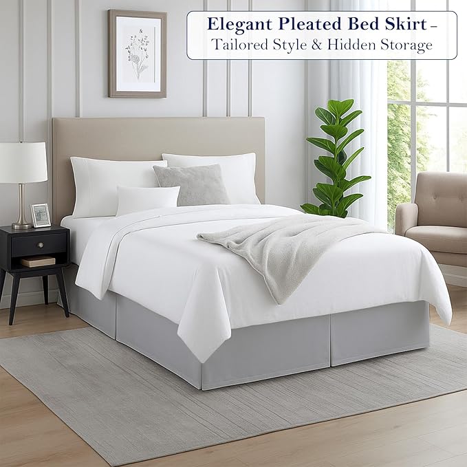 Twin Bed Skirt, Luxury 18 Inch Drop Light Grey Pleated Bed Skirt, Double Brushed Microfiber, Box Pleat Design, Wrinkle & Fade Resistant, Easy Fit Tailored Bedskirt for Twin Size Beds