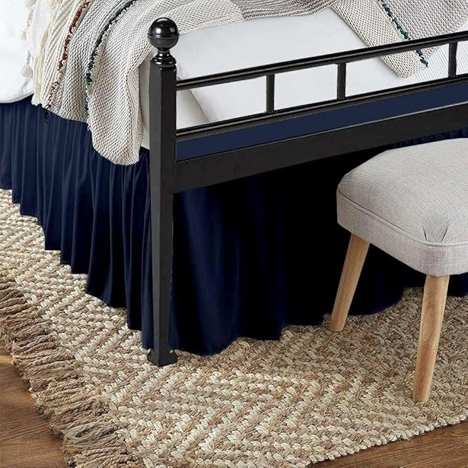 Navy Blue Solid Ruffled Bed Skirt Twin XL-12 Inch Drop Split Corner, Microfiber Bedskirt with Platform Three Sided Coverage