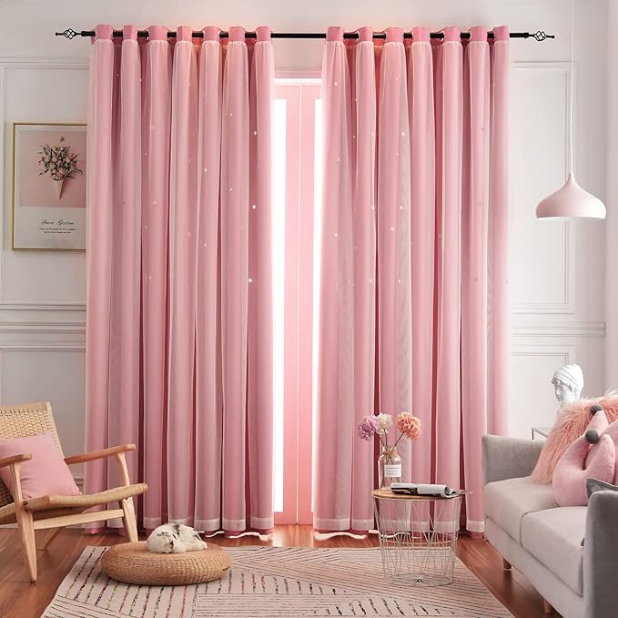 Star Curtains Double Layer Curtains Blackout Curtains for Bedroom Kids Curtains Cute Curtains, Curtains 63 Inches Long 2 Panels Set, Pink Curtains, 42 X 63 Inches