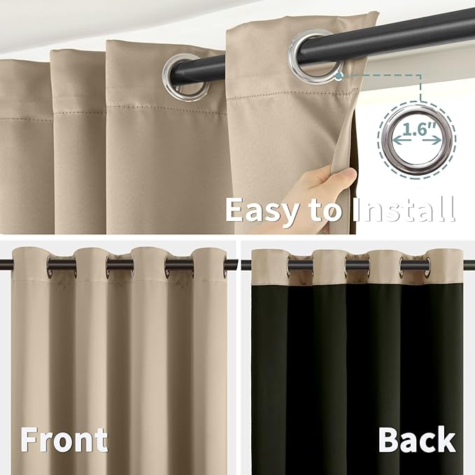 BGment Thermal Insulated 100% Blackout Curtains for Bedroom with Black Liner, Double Layer Full Room Darkening Noise Reducing Grommet Curtain (52 x 63 Inch, Sand, 2 Panels)