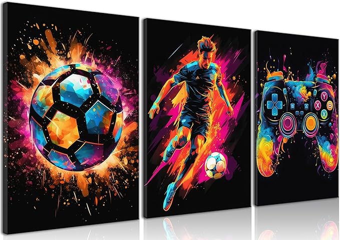 BGFCE Gaming Canvas Wall Art Decor, Paintings Art Game Controller Color Splash Ink Prints Painting, Posters for Room Aesthetic, Soccer Canvas Wall Art for Boys Room Decor 16x24 - Set of 3 Framed
