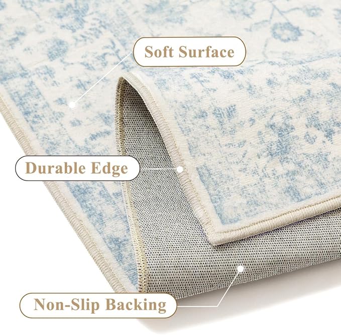 2x8 Blue Runner Rug Hallway Non Slip Kitchen Vintage Distressed Long Carpet Indoor Machine Washable Retro Floral Bedroom Accent Throw Rug for Office Laundry Bathroom Dining Living Room