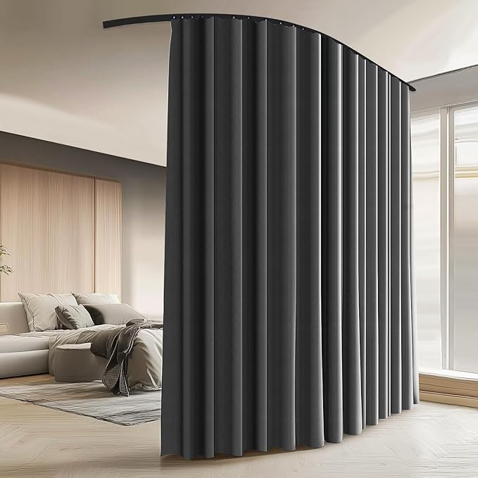 Room Divider Curtains with Ceiling Curtain Track Set Window Curtain for Bedroom,Living Room Total Blackout Thermal Insulated Privacy Ceiling Track Curtain W 9 × H 7 FT Deak-Grey drape&Black track