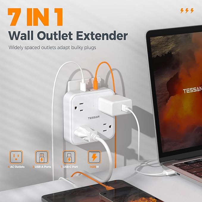 Surge Protector Outlet Extender, TESSAN Multi Plug Adapter with 4 Outlet Splitter and 3 USB (1 USB C), Multiple Plug Expander for Home Office Dorm Room Essentials