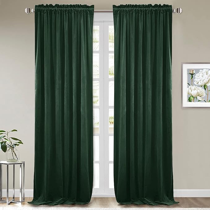 StangH 120 inches Dark Green Velvet Drapes for Living Room, Rod Pocket Christmas Backdrop Curtains Thermal Insulated Window Curtains for Sliding Glass Door, W52 x L120, 2 Panels