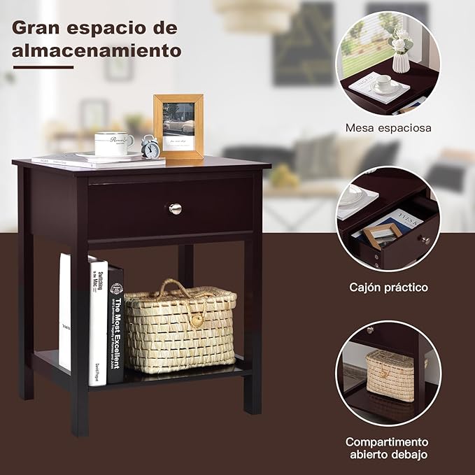 Giantex Nightstand Set of 2, Wood End Table with Drawer and Open Shelf, Night Stand for Small Spaces, 2-Tier Bedside Table for Living Room Bedroom Dorm, Easy Assembly, Brown