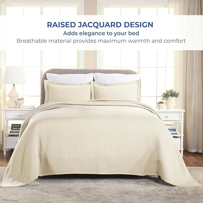 Superior 3 Piece Basketweave Cotton Bedspread Set, Home Bed Decor, Decorative Bed Spread, 2 Pillow Shams, Medium Weight Blanket, Matelasse Coverlet Bedding, Geometric Lattice Pattern, King, Ivory