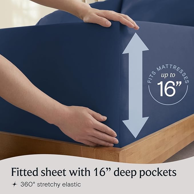 LuxClub 4 PC California King Sheet Set, Deep Pockets Wrinkle Free Cooling Bed Sheets Hotel Bedding for Women, Men, Includes 1 Fitted Sheet, 1 Flat Sheet and 2 Pillowcases-Navy