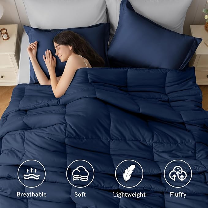 JOLLYVOGUE Twin Comforter Set, Ultra-Soft Bed in a Bag Twin Size 5 Pieces, Oeko-TEX Certified Bedding Set with Down Alternative Comforter, Sheets, Pillowcases & Shams, Navy Blue & Light Grey