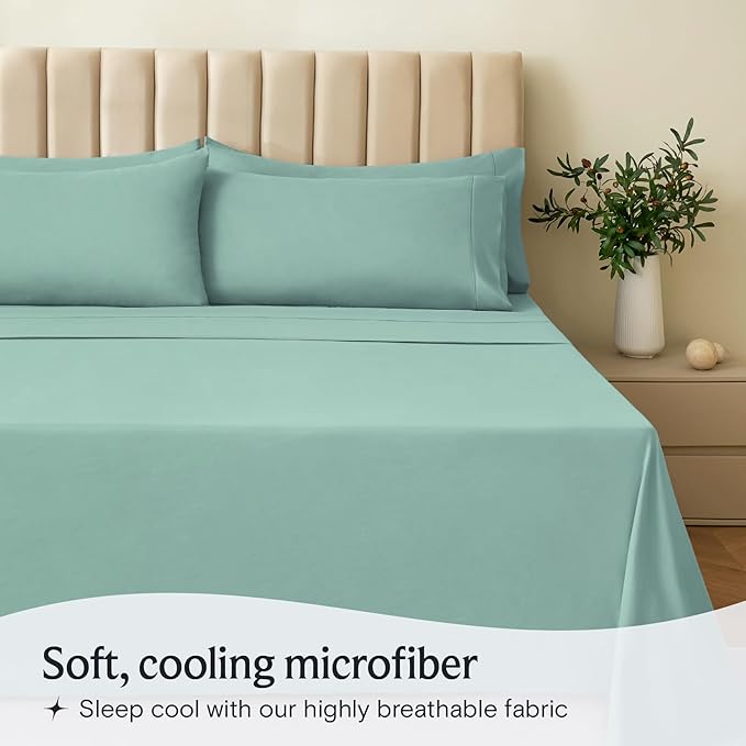 LuxClub 4 PC Queen Sheet Set, Deep Pockets Wrinkle Free Cooling Bed Sheets Hotel Bedding for Women, Men, Includes 1 Fitted Sheet, 1 Flat Sheet and 2 Pillowcases-Silky Soft Light Teal