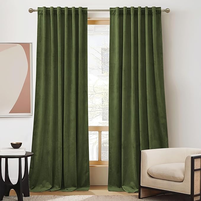 RYB HOME Olive Green Velvet Curtains 102 inches, Back Tab Soft Fabric Room Darkening Thermal Insulated Luxurious Home Decor Curtains for Living Room Bedroom, W 52" x L 102", 2 Panels Set