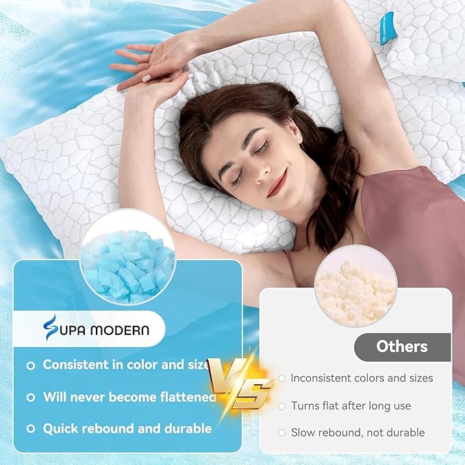 SUPA MODERN Cooling Bed Pillows for Sleeping 1 Pack Shredded Memory Foam Pillows Adjustable Cool Pillow for Side Back Stomach Sleepers Luxury Gel Pillows King Size with Washable Removable Cover