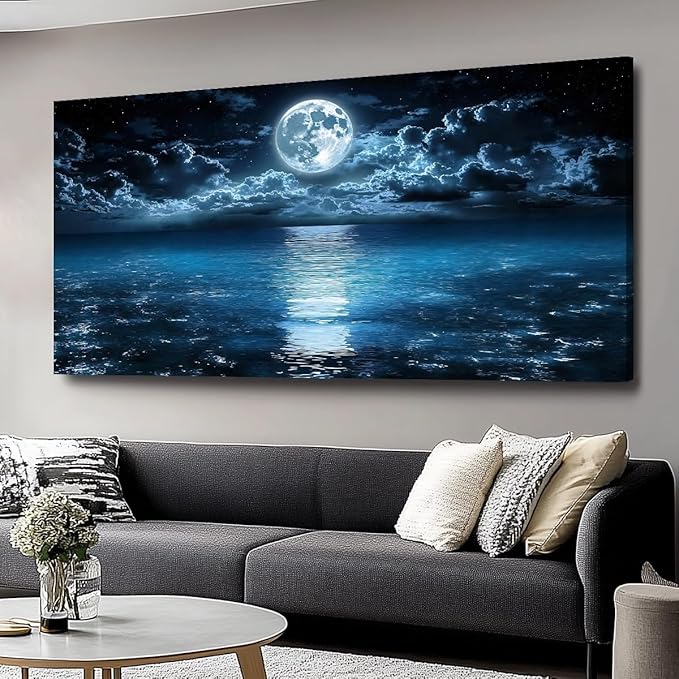 Huaaliunn Big Moon Canvas Wall Art - Modern Seascape Paintings for Living Room, Bedroom Wall Decor, Large Wall Art for Home or Office Decoration 75x150cm(30x60in)