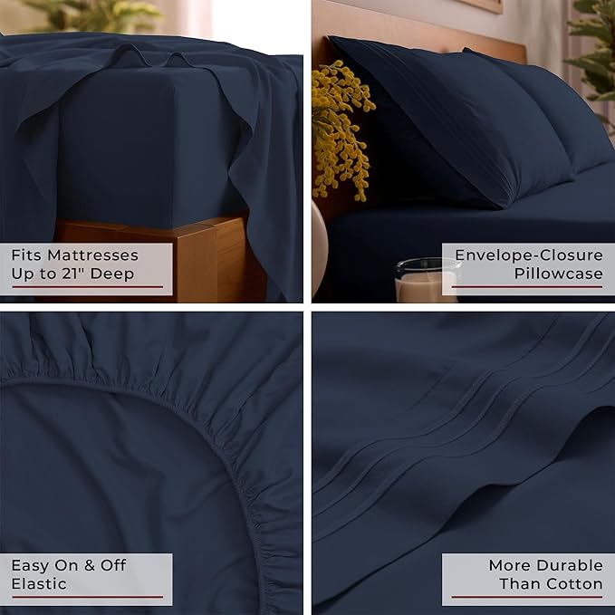 Mellanni Full Sheet Set - 6-Piece Iconic Collection Bedding, (Including 4 Pillowcases), 21-Inch Extra Deep Pocket, Easy Care, Ultra Soft, Cooling Sheets, Brushed Microfiber - Navy Blue