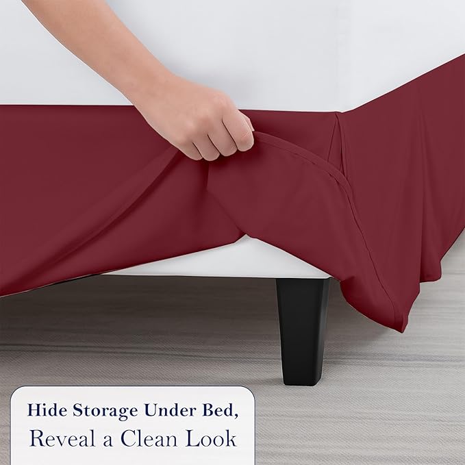 King Bed Skirt, Luxury 18 Inch Drop Burgundy Pleated Bed Skirt, Double Brushed Microfiber, Box Pleat Design, Wrinkle & Fade Resistant, Easy Fit Tailored Bedskirt for King Size Beds